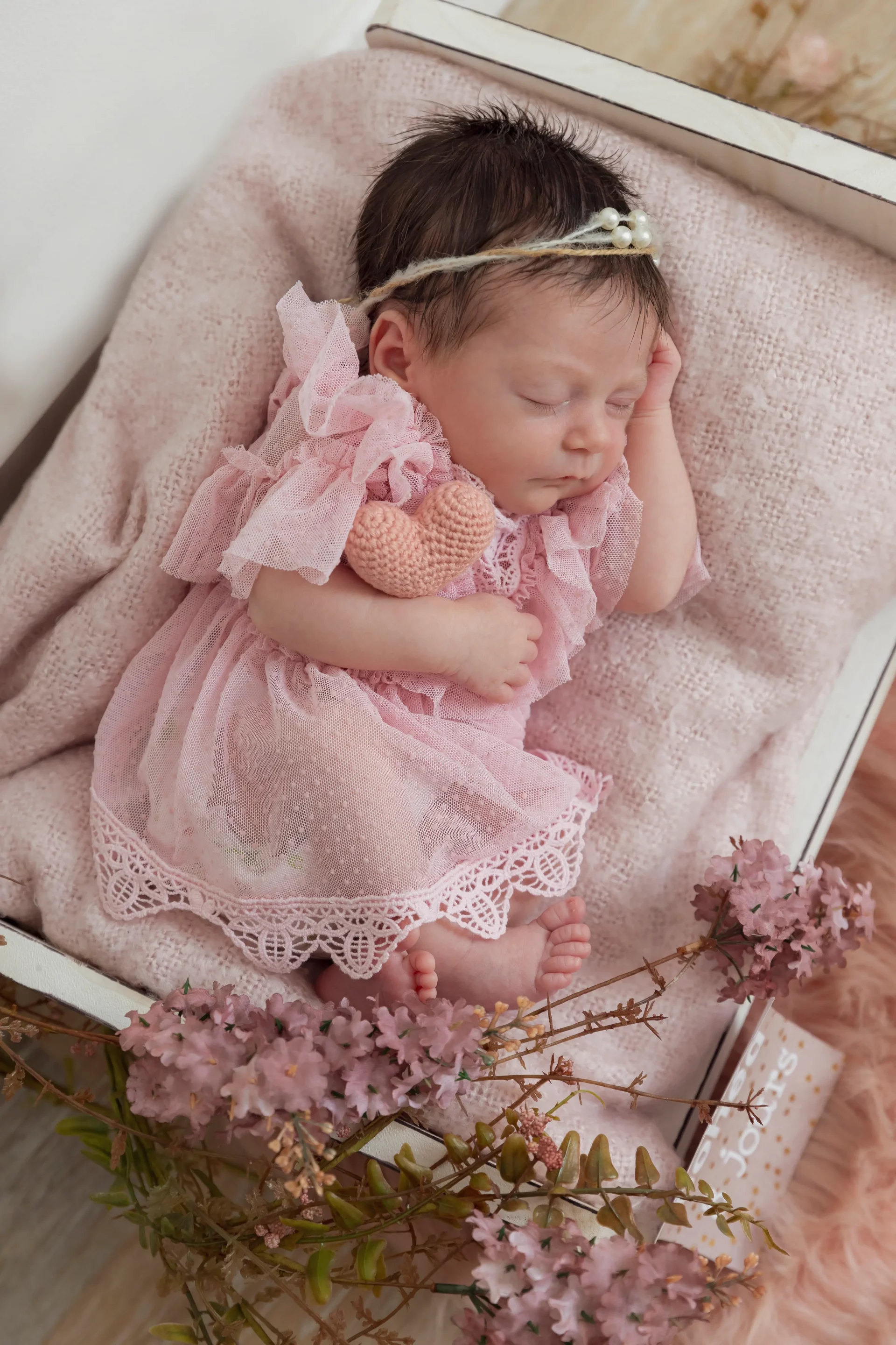 photo de naissance, prise de vue en hauteur, d'une bébé dans un lit, entouré de fleurs roses
