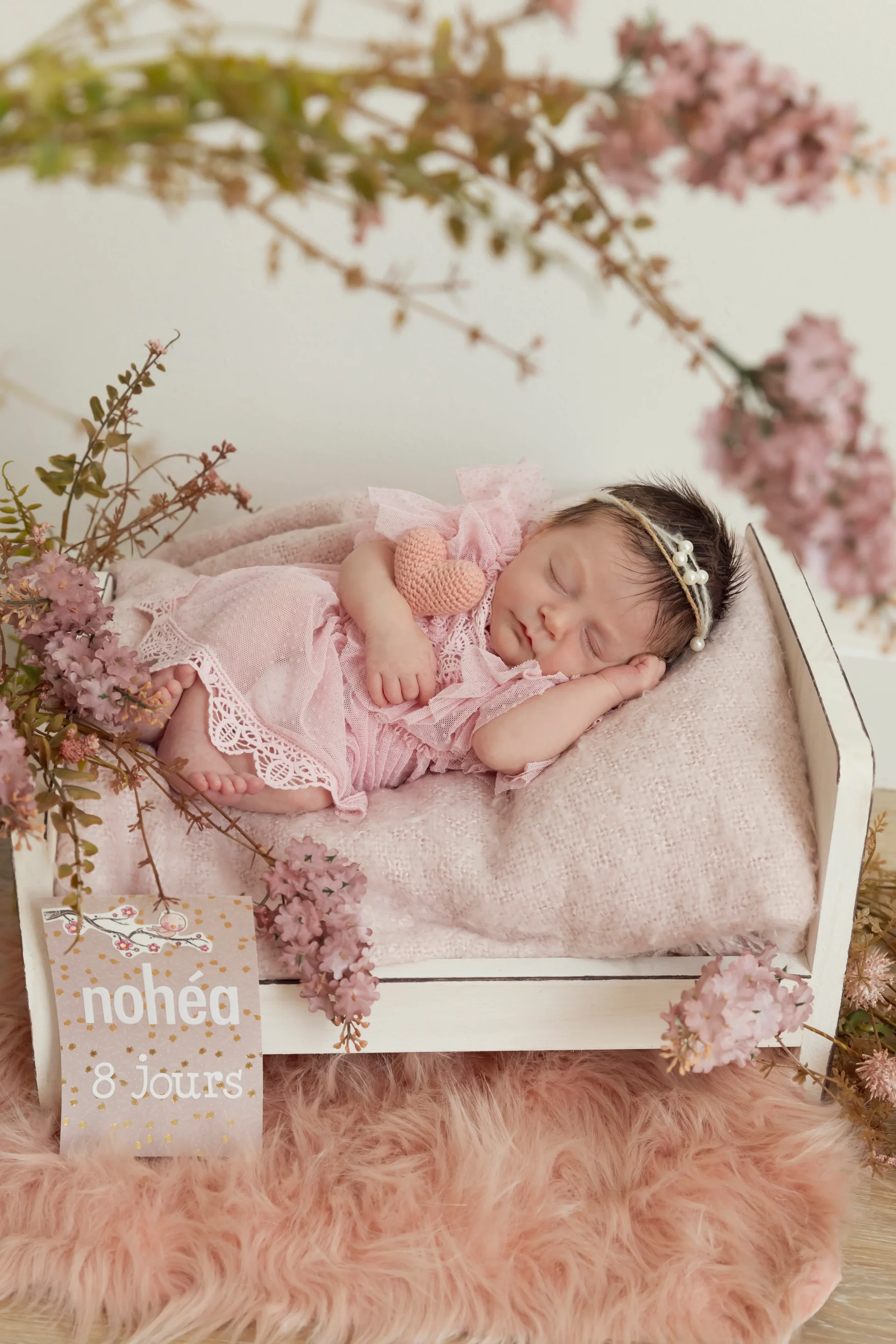 photo de naissance d'une petite fille allongée dans un lit entourée de fleurs roses