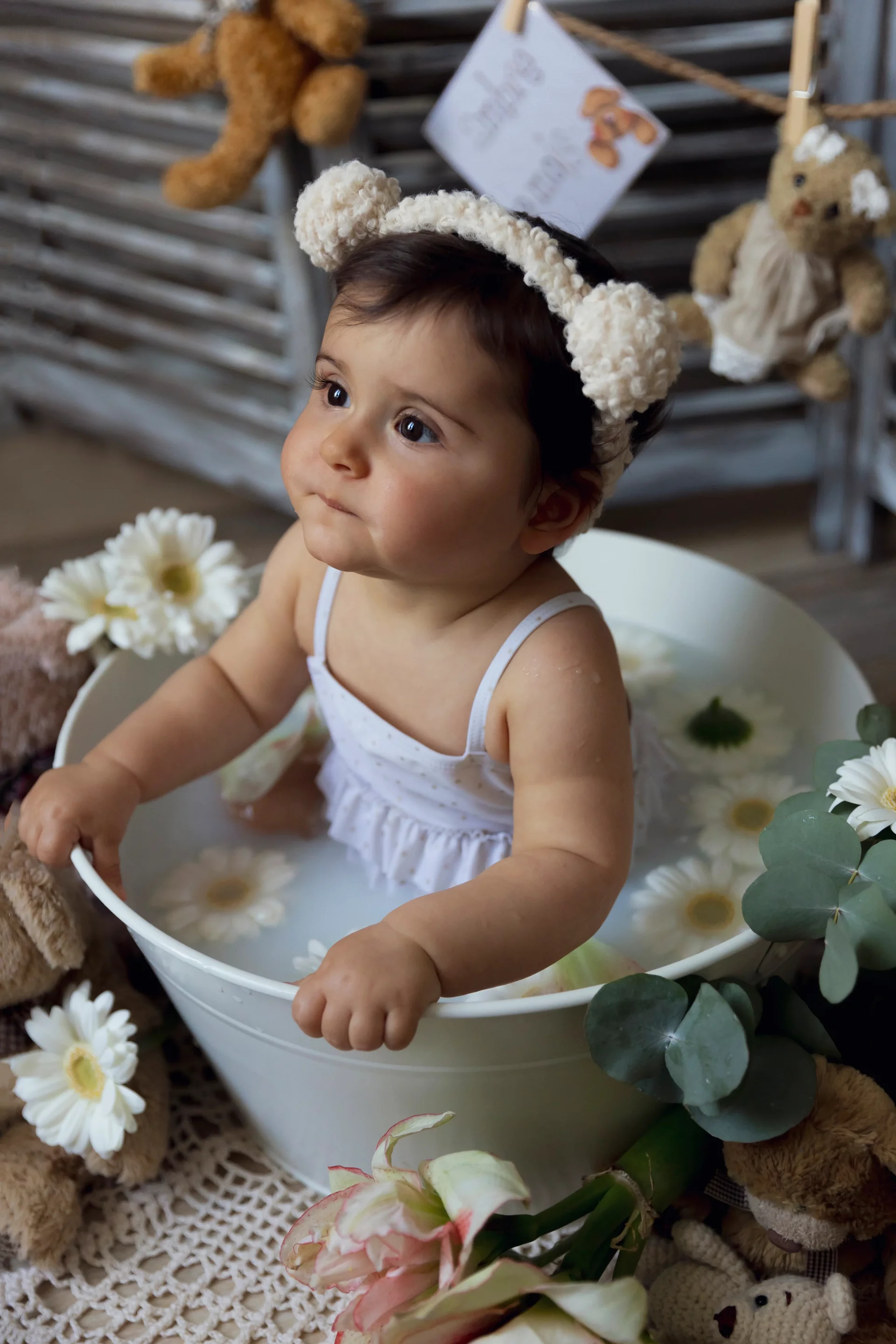 petite fille de 9 mois dans un bain de lait rempli de marguerites blanches avec un serre tête en forme d'oreilles d'ours sandra-alvoet-photographe
