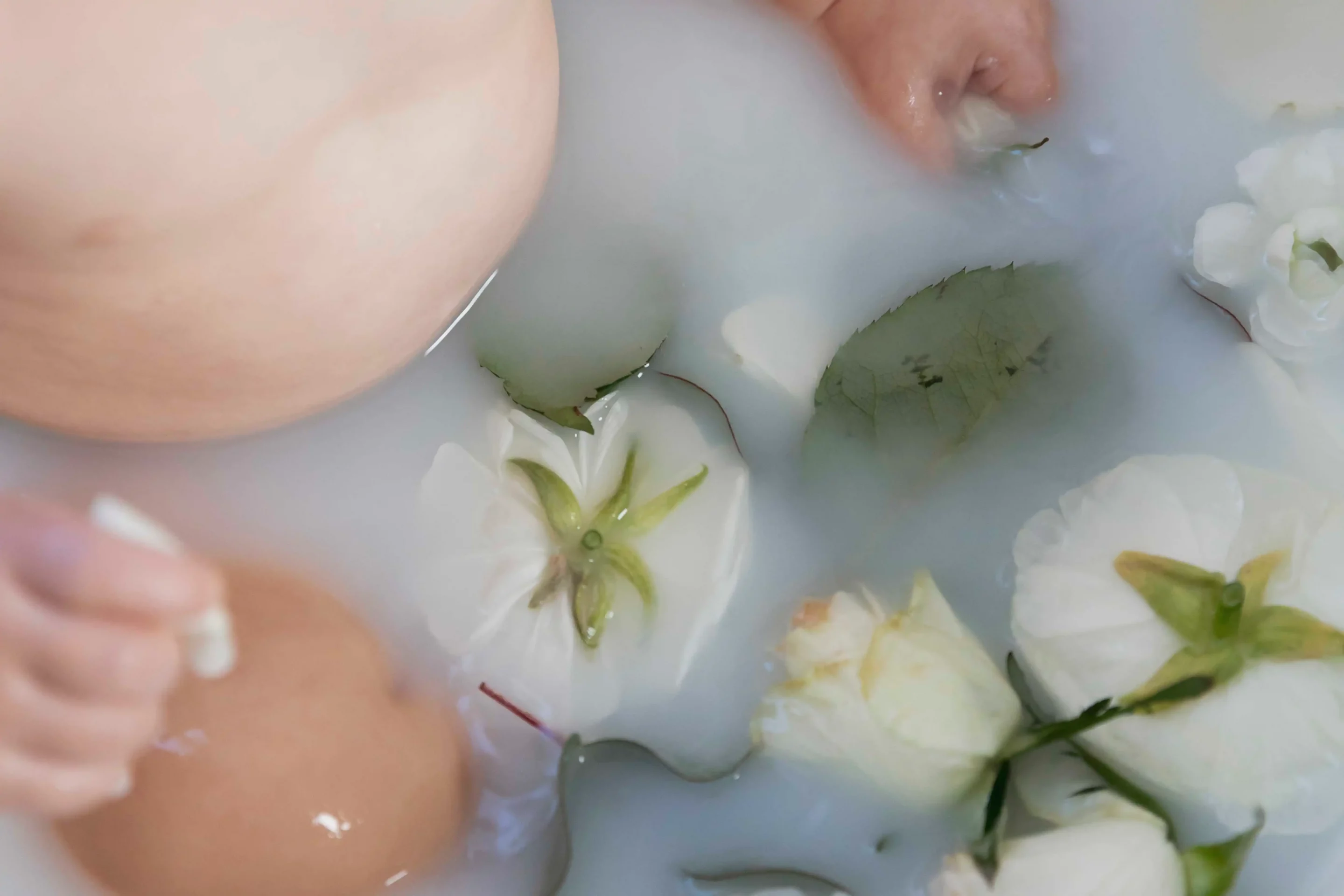 photo bain de lait bébé, fleurs blanches dans le lait
