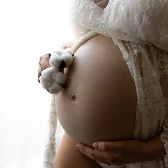 photo de grossesse, deux fleurs de coton posées sur le ventre de la maman