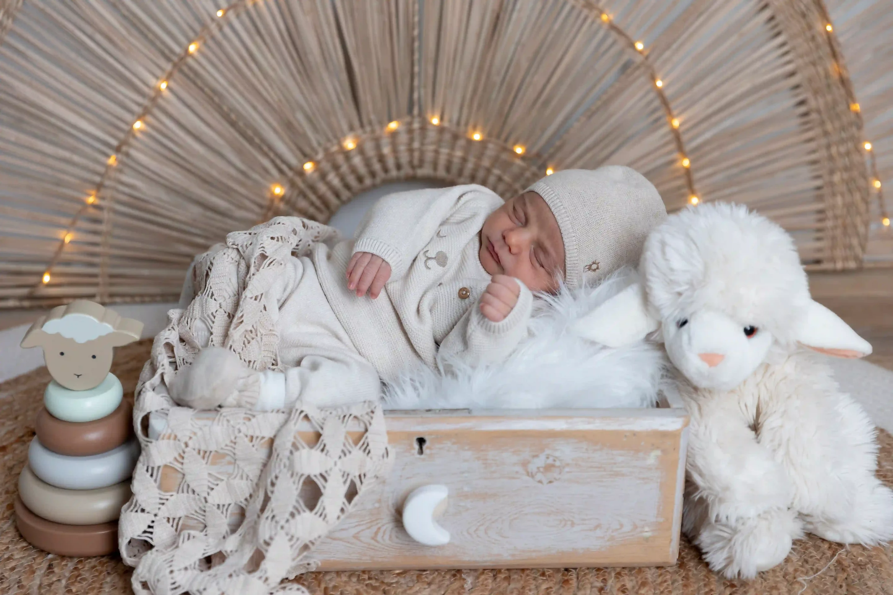 photo de bébé endormi dans un décor bohème
